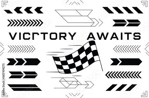 Racing car stripes and checkered flag vectors with curved motion elements, racing typography, and competition-themed graphic assets for automotive branding