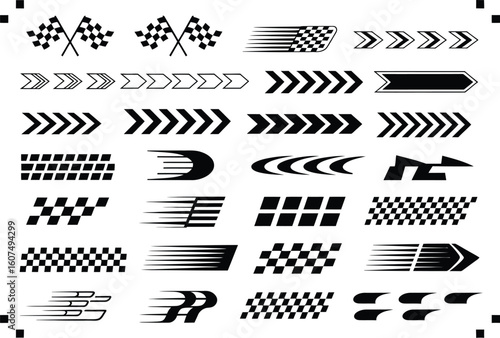 Racing car stripes graphic kit including high-speed linear designs, finish flags, and motocross label text elements for automotive race illustration use