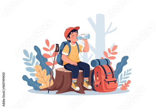 A young boy taking a water break during a hike, sitting on a tree stump with his backpack and trekking poles.