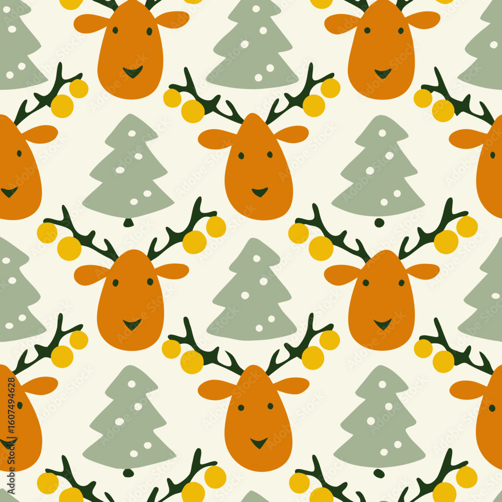 Fototapeta premium Cute Reindeer Faces And Christmas Trees A Fun And Festive Seamless Pattern Design