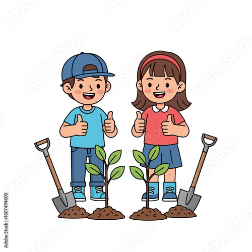 Two smiling children proudly display newly planted saplings, thumbs up, gardening tools nearby.