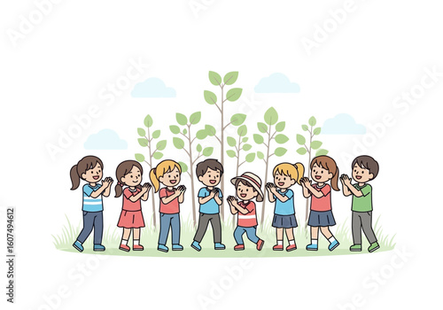 Happy children joyfully singing together outdoors, surrounded by nature.