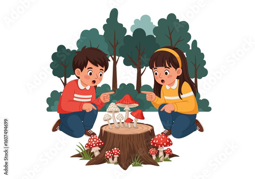 Two children, a boy and a girl, discover and point at mushrooms growing on a tree stump in a forest.