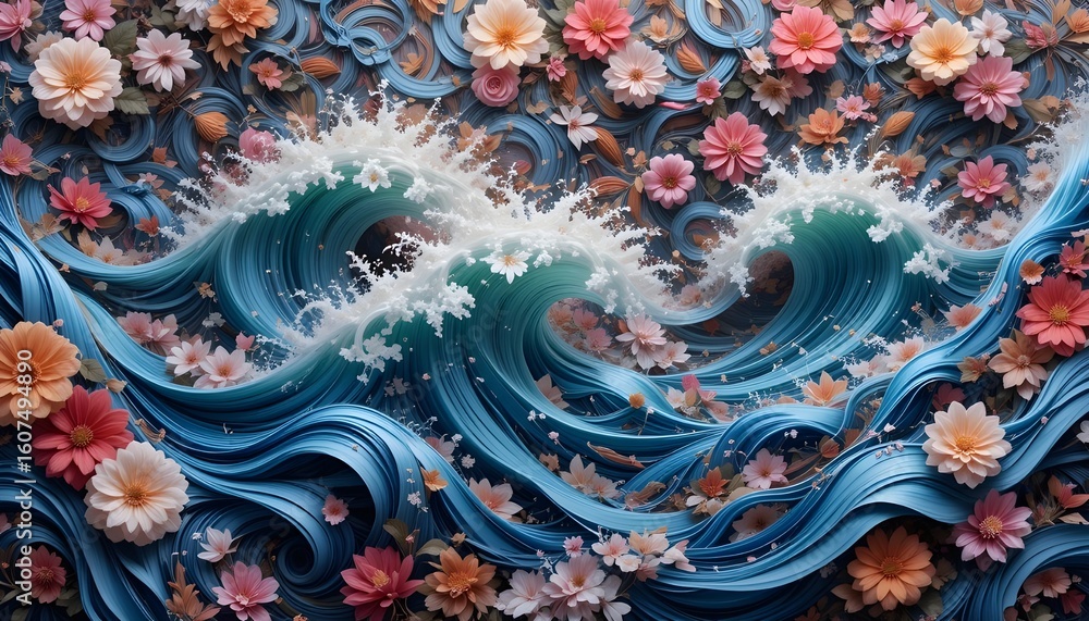 Fototapeta premium Floral Ocean Waves: Artistic Fusion of Nature's Beauty