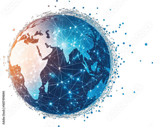 Glowing digital planet with interconnected nodes and continents globe earth