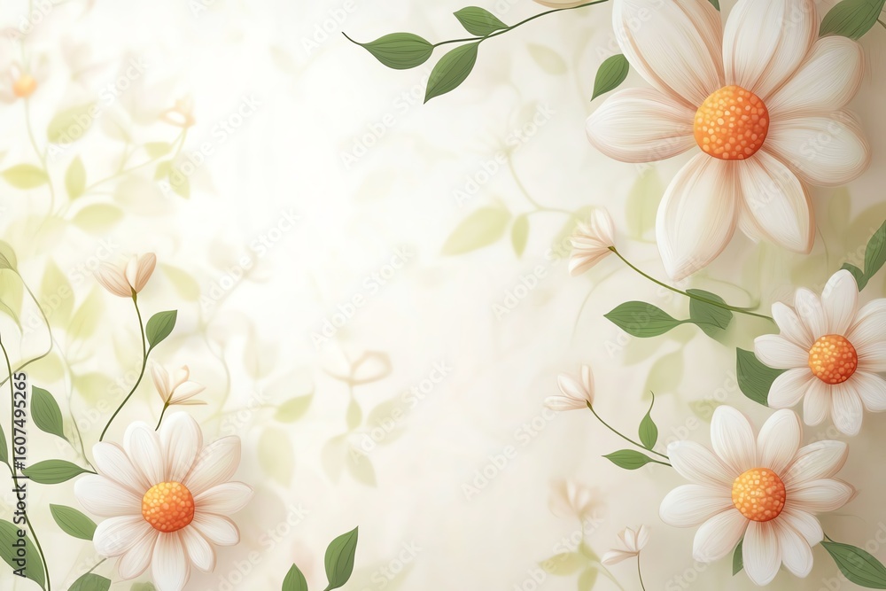Fototapeta premium Delicate floral border with daisies and leaves