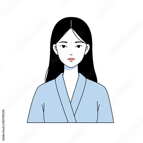 Young woman with straight black hair wearing blue robe  