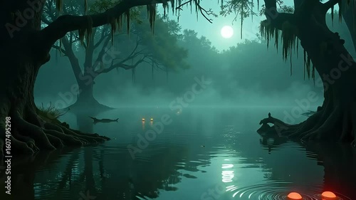 Mysterious glowing eyes emerge from misty swamp waters under a full moon creating an eerie atmosphere.