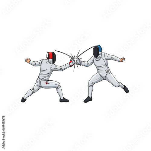 Two fencers in white protective gear engage in a bout, their swords clashing.
