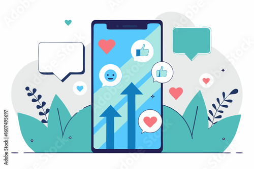 Marketing w mediach społecznościowych. Smartfon z rosnącym zaangażowaniem i ikonami polubień, koncepcja sukcesu online.