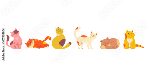 Cats in a row cute set. Funny Pet animals characters in different poses, sitting, lying and sleeping. Flat color design