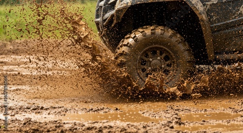 Off-road vehicle tire spinning, splashing mud and water in a rural, muddy terrain.