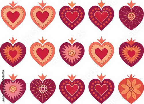 Vibrant sacred heart illustrations with intricate patterns on white background