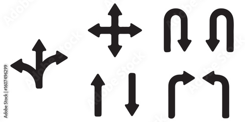 Transparent PNG available
Abstract set of way direction arrow. Collection of way sign, Road navigation arrows, direction mark, crossroad symbol, arrow set vector illustration. Black road navigator arr