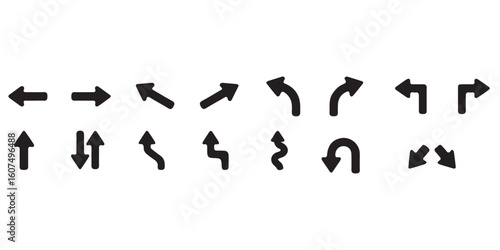 Transparent PNG available
Abstract set of way direction arrow. Collection of way sign, Road navigation arrows, direction mark, crossroad symbol, arrow set vector illustration. Black road navigator arr