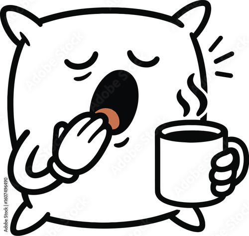 Sleepy cartoon pillow character yawning and holding a steaming coffee mug. Ideal for morning, comfort, or tired themes.