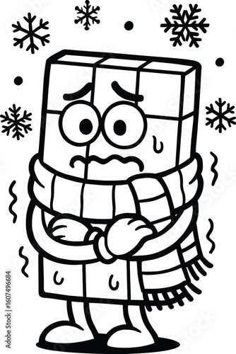 Worried cartoon chocolate bar character shivering and wrapped in a striped scarf, with snowflakes falling. Ideal for winter, cold, or sweet treat themes.