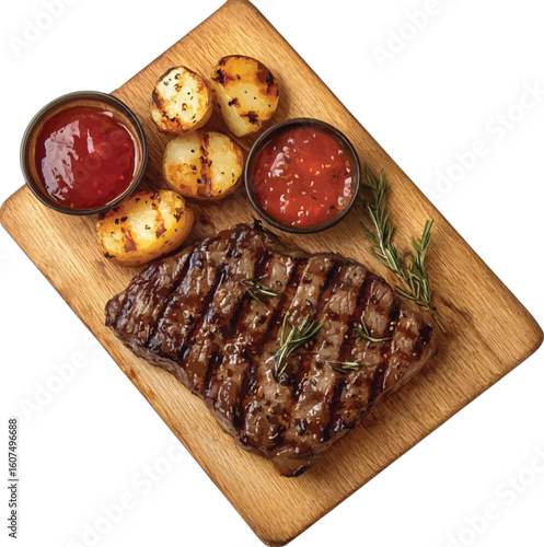 Grilled steak roasted potatoes savory sauce rosemary sprigs vector