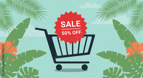 Summer Sale Shopping Cart with 50% Off Discount and Tropical Background Illustration