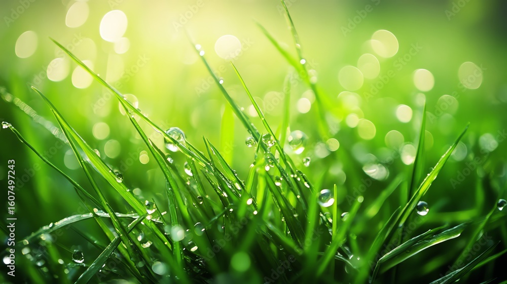 Fototapeta premium Fresh green grass with water droplets and bubbles