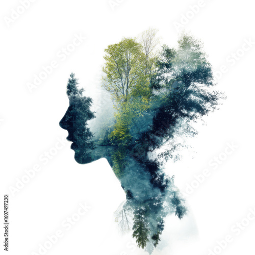 Woman's face is shown in a painting of trees