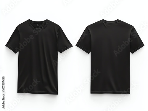 Front and back views of a plain, shortsleeved, black tshirt on a white background