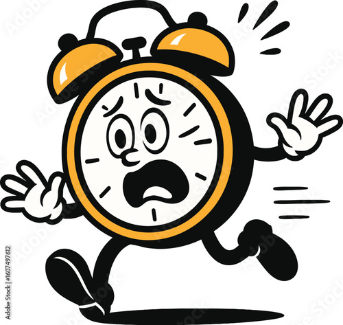 Worried cartoon alarm clock character with a scared expression, running away with bells ringing. Symbolizes running out of time, urgency, or fear of alarms.