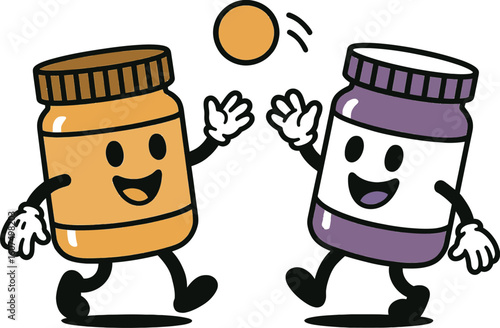 Happy cartoon jars of peanut butter and jelly playing catch with a small orange ball. Ideal for food pairings, childhood, or fun concepts.