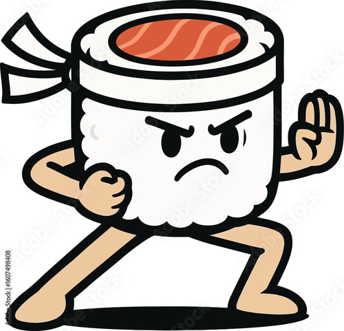 Determined cartoon sushi roll character with a headband, striking a martial arts pose. Ideal for Asian cuisine, strength, or unique food concepts.