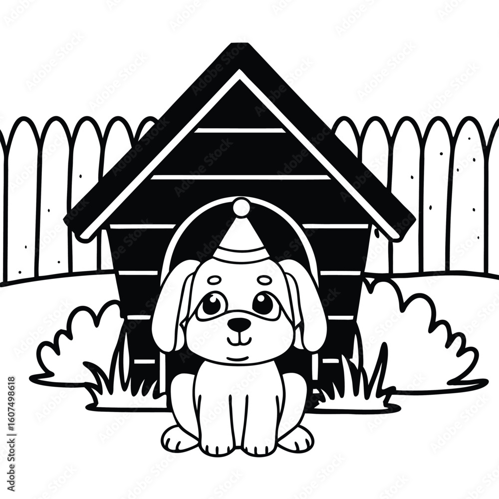 Obraz premium Cute cartoon dog wearing party hat sitting in front of dog house and fence puppy animal