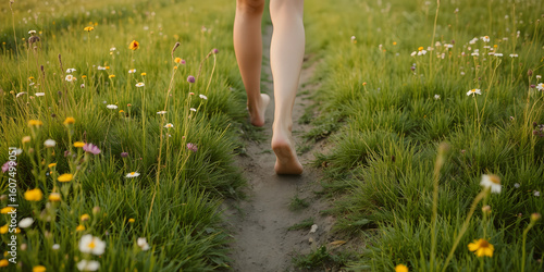 A person walks barefoot along a narrow path in a lush green field, with wildflowers blooming on either side. The warm light of the setting sun adds a peaceful ambiance