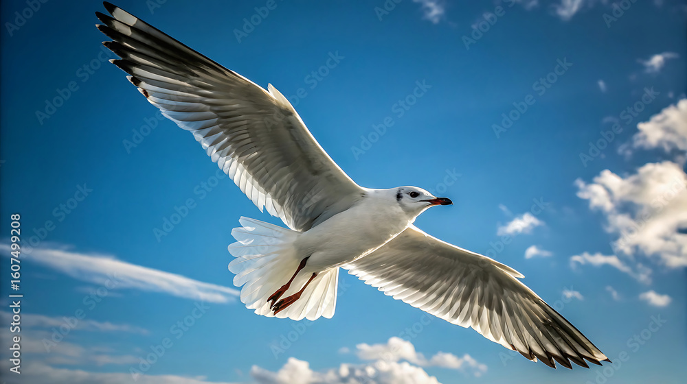A seagull soars gracefully through the expansive blue sky with fluffy clouds A seagull soars gracefully through the expansive blue sky with fluffy clouds