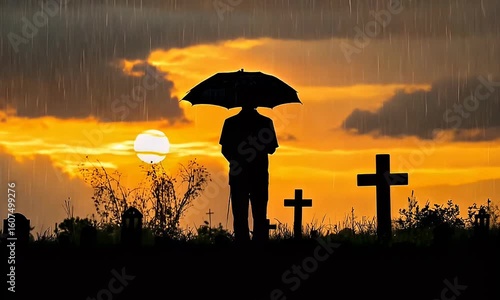 Person holding umbrella in silhouette at a cemetery during a golden, rainy sunset
