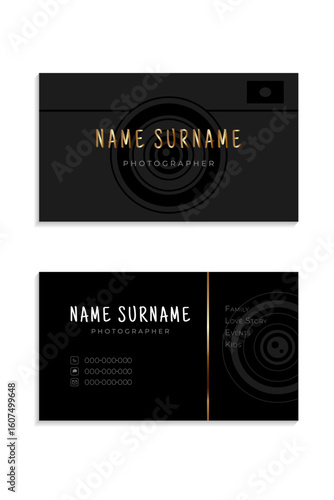 Modern black and gold business card for photographer. Stylish layout with lens icon, clean typography, and placeholders for contact info and social media. Ideal for creative branding