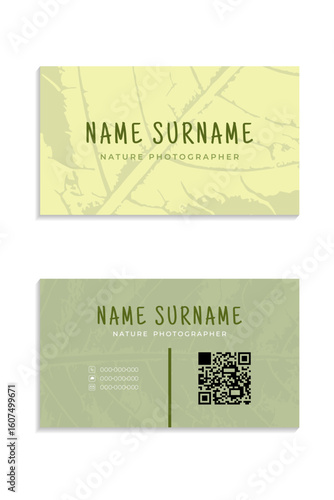 Nature-themed business card template for a photographer. Green leaf background, minimalist layout, QR code, and contact icons. Ideal for eco-friendly branding and natural photography