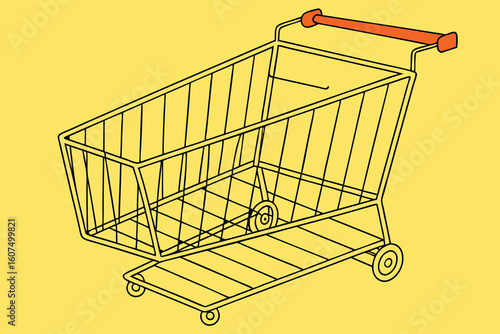  shopping cart, metal wire basket, orange handle, empty, yellow background, minimalist, 3d render, high contrast, minimalist design