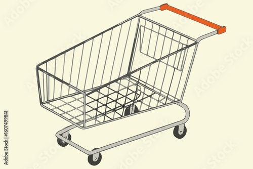 shopping cart, metal wire basket, orange handle, empty, yellow background, minimalist, 3d render, high contrast, minimalist design