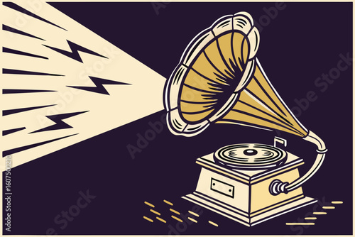  megaphone, golden, retro, iconic, sound waves, broadcast, announcement, publicity, attention-grabbing, dramatic lighting, dark background