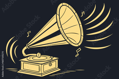  megaphone, golden, retro, iconic, sound waves, broadcast, announcement, publicity, attention-grabbing, dramatic lighting, dark background
