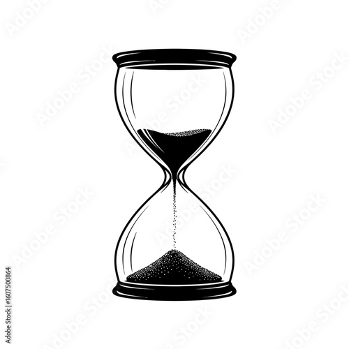 A black and white illustration of an hourglass with sand flowing through it