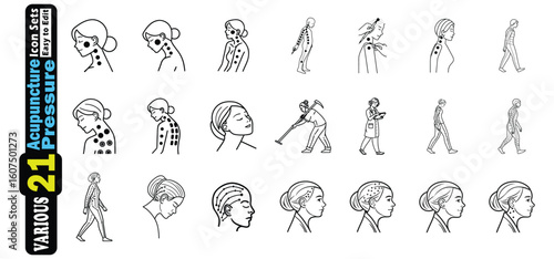 Black and White Line Art Acupuncture Points on Human Body and Head Icons acupressure