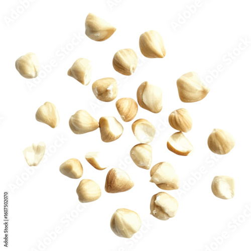 Scattered shelled raw hazelnuts food