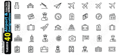 Collection of black outline icons for airport and emigration travel vector