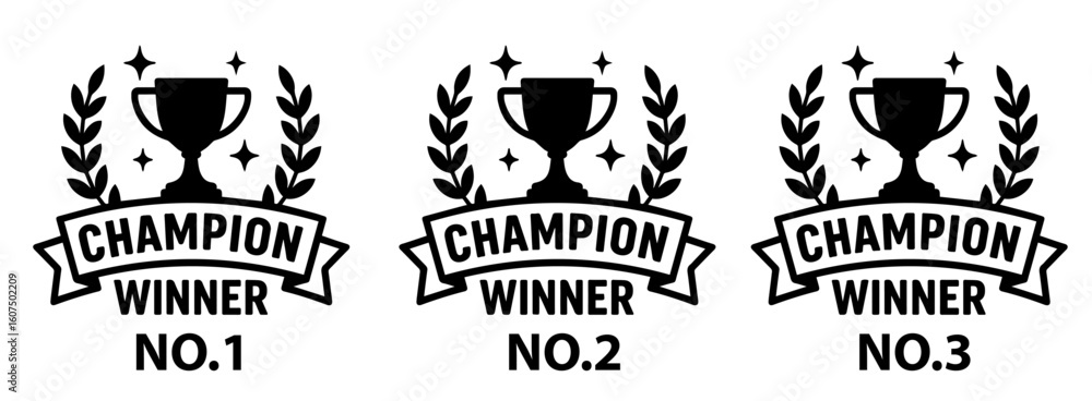 Fototapeta premium Champion Winner Trio Black Vector Set, Silhouettes of Victorious Poses with Trophies and Medals, Editable Formats: AI, EPS, JPG, PNG, Ideal for Both Digital and Print Use 