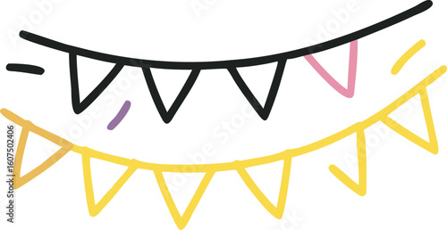 Festive bunting flags in yellow pink and black on a white background celebration party