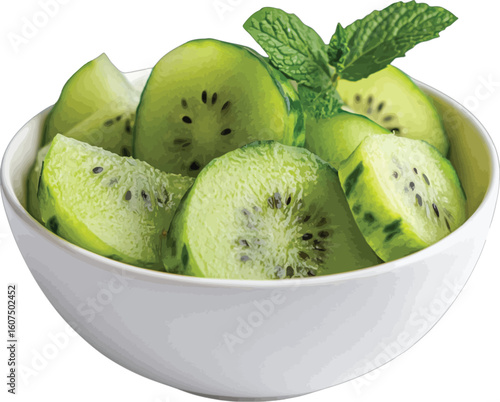 Sliced green fruit with mint bowl