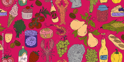 The Dolce Vita collection is a whimsical seamless pattern with vibrant color accents, inspired by the Mediterranean lifestyle. Hand-drawn sketch style