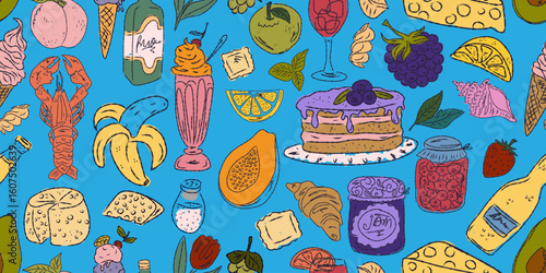 The Dolce Vita collection is a whimsical seamless pattern with vibrant color accents, inspired by the Mediterranean lifestyle. Hand-drawn sketch style