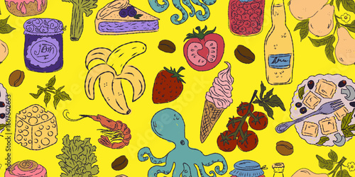 The Dolce Vita collection is a whimsical seamless pattern with vibrant color accents, inspired by the Mediterranean lifestyle. Hand-drawn sketch style