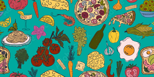 The Dolce Vita collection is a whimsical seamless pattern with vibrant color accents, inspired by the Mediterranean lifestyle. Hand-drawn sketch style